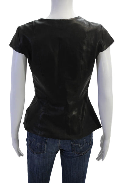 Elie Tahari Womens Side Zip Short Sleeve V Neck Leather Blouse Black Size XS