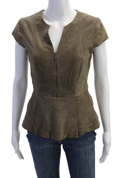 Elie Tahari Womens Side Zip Short Sleeve V Neck Suede Blouse Brown Size XS