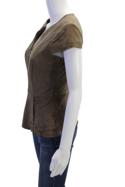 Elie Tahari Womens Side Zip Short Sleeve V Neck Suede Blouse Brown Size XS