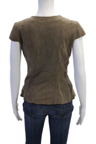 Elie Tahari Womens Side Zip Short Sleeve V Neck Suede Blouse Brown Size XS