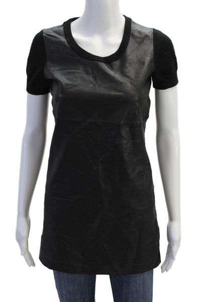 Rag & Bone Womens Short Sleeve Leather Front Scoop Neck Top Black Wool Size XS