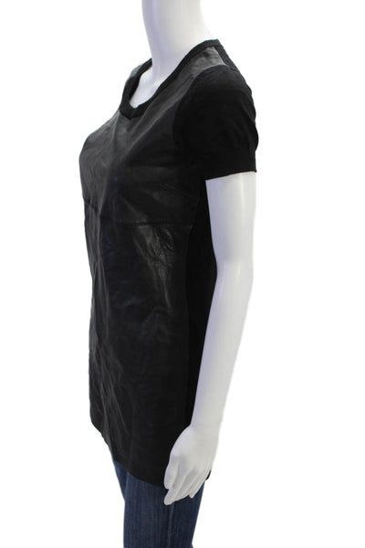 Rag & Bone Womens Short Sleeve Leather Front Scoop Neck Top Black Wool Size XS