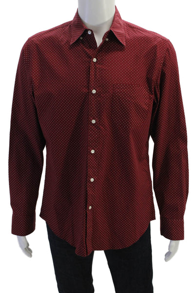 J Crew Mens Button Front Collared Slim Fit Dotted Shirt Red White Size Medium