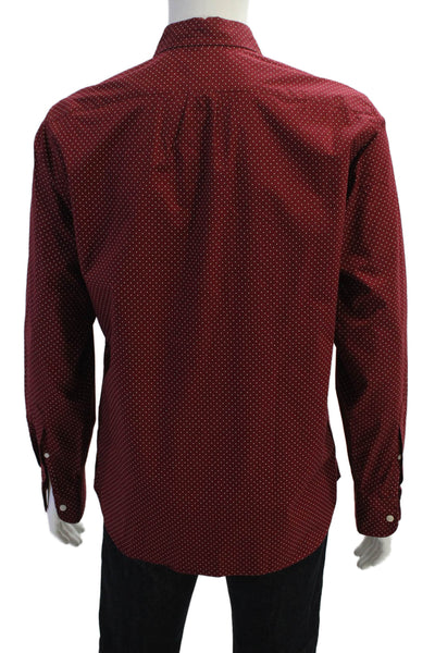 J Crew Mens Button Front Collared Slim Fit Dotted Shirt Red White Size Medium