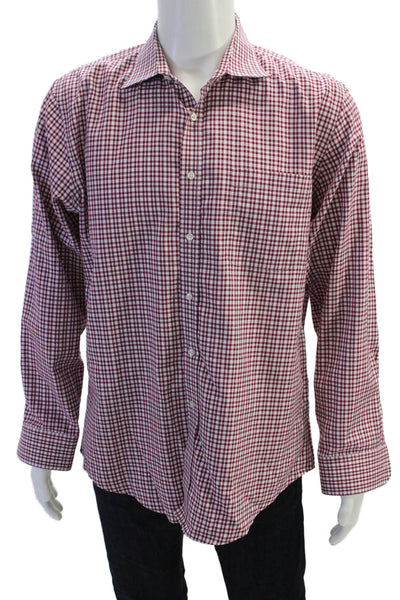 Nordstrom Mens Button Front Collared Trim Fit Plaid Shirt Red White Size 16
