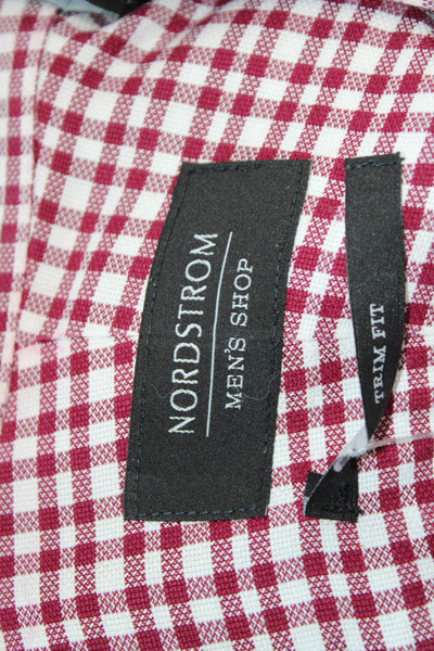 Nordstrom Mens Button Front Collared Trim Fit Plaid Shirt Red White Size 16