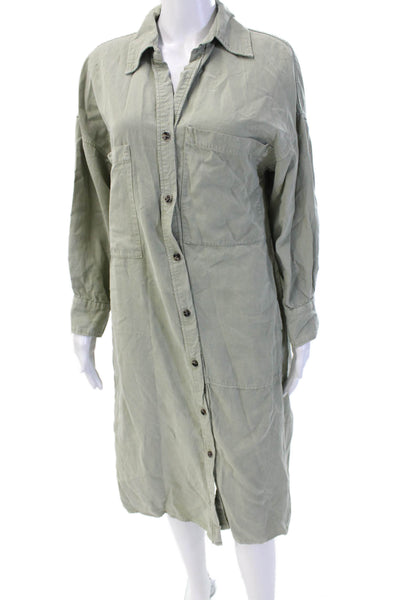 Zara Women Shirt Dress Green Long Sleeve Collared Lyocell Knee Length Size S