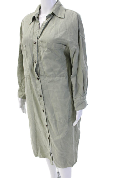 Zara Women Shirt Dress Green Long Sleeve Collared Lyocell Knee Length Size S