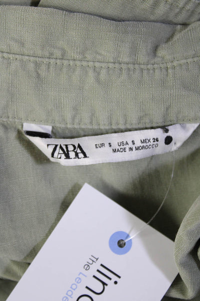 Zara Women Shirt Dress Green Long Sleeve Collared Lyocell Knee Length Size S