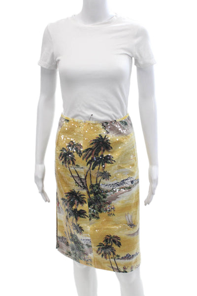 Le Superbe Womens Cotton Sequined Graphic Straight Midi Skirt Yellow Size 2
