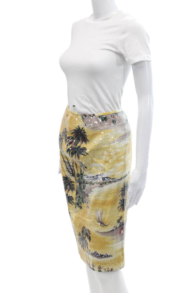 Le Superbe Womens Cotton Sequined Graphic Straight Midi Skirt Yellow Size 2