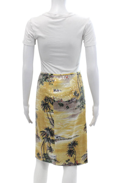 Le Superbe Womens Cotton Sequined Graphic Straight Midi Skirt Yellow Size 2