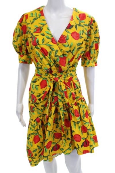 Glamorous Women Yellow Floral Wrap Dress V-Neck Short Sleeve Long Size 12