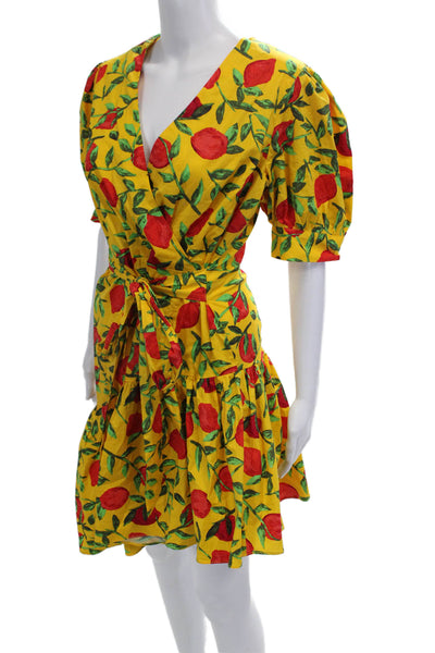 Glamorous Women Yellow Floral Wrap Dress V-Neck Short Sleeve Long Size 12