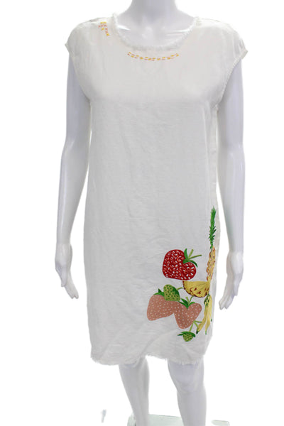 Holding Horses Womens Shift Dress White Graphic Short Sleeve Linen Size XS