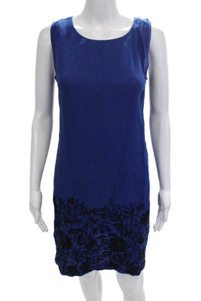 Roberta Freymann Women Shift Dress Dark Blue Linen Floral Sleeveless Size S