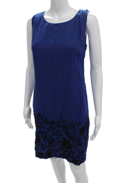 Roberta Freymann Women Shift Dress Dark Blue Linen Floral Sleeveless Size S
