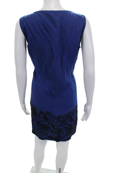 Roberta Freymann Women Shift Dress Dark Blue Linen Floral Sleeveless Size S