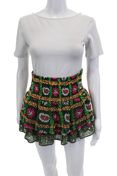 Anouk Grewal Womens Smocked Floral Embroidered Mini Skirt Green Size Small
