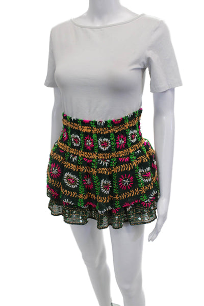 Anouk Grewal Womens Smocked Floral Embroidered Mini Skirt Green Size Small