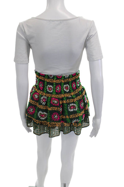 Anouk Grewal Womens Smocked Floral Embroidered Mini Skirt Green Size Small