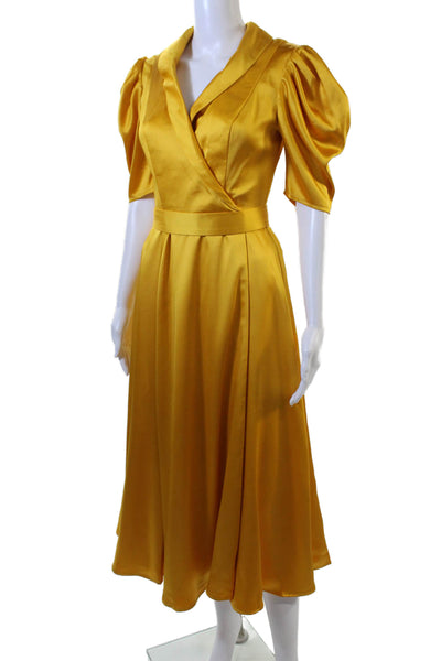 Mac Duggal Womens Fit & Flare Wrap Dress Yellow V-Neck 3/4 Sleeve Size 0