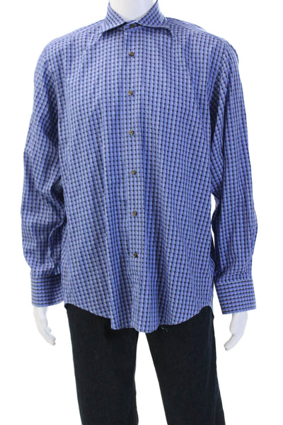 Etro Mens Button Front Collared Geometric Dress Shirt Blue Black Size 41