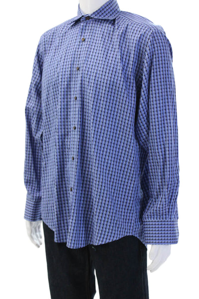 Etro Mens Button Front Collared Geometric Dress Shirt Blue Black Size 41