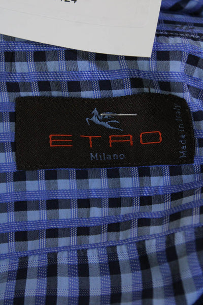 Etro Mens Button Front Collared Geometric Dress Shirt Blue Black Size 41