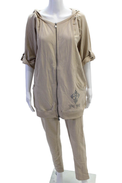 BCBGMAXAZRIA Womens Full-Zip Hoodie Beige 3/4 Sleeve Graphic Size XL