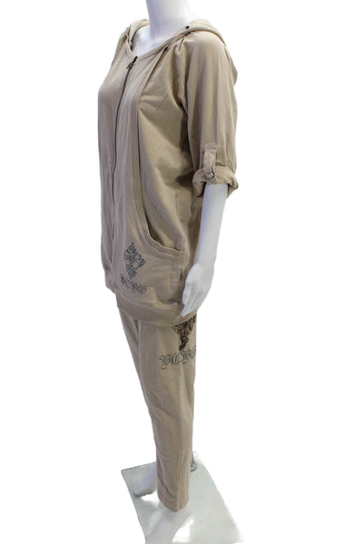BCBGMAXAZRIA Womens Full-Zip Hoodie Beige 3/4 Sleeve Graphic Size XL
