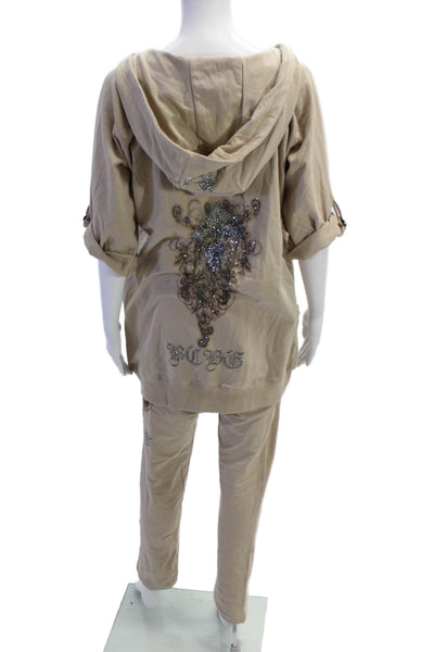BCBGMAXAZRIA Womens Full-Zip Hoodie Beige 3/4 Sleeve Graphic Size XL