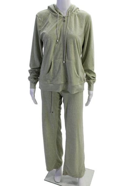 BCBG Max Azria Women Green Full-Zip Hoodie Drawstring 77%Poly 23%Cotton Size L