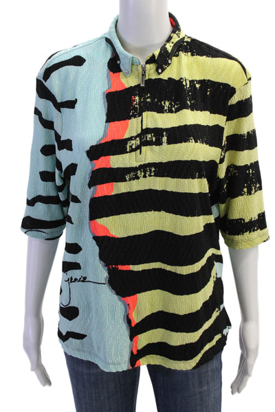 Jamie Sadock Womens Studded Short Sleeve Striped Blouse Neon Multicolor Size L