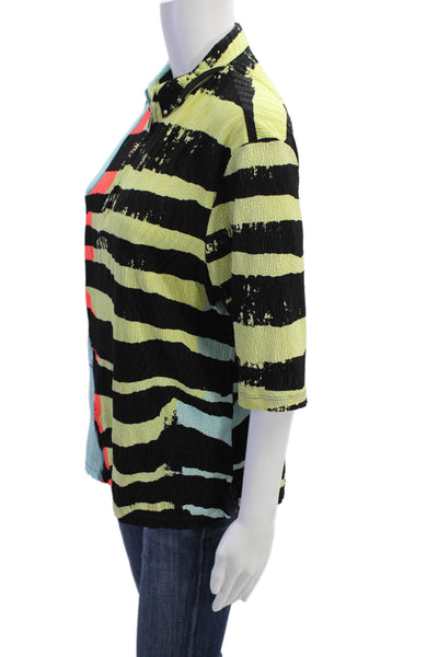 Jamie Sadock Womens Studded Short Sleeve Striped Blouse Neon Multicolor Size L