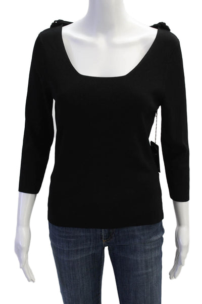 Cyrus Womens Double Scoop Fringe Neck 3/4 Sleeve Blouse Solid Black Size M
