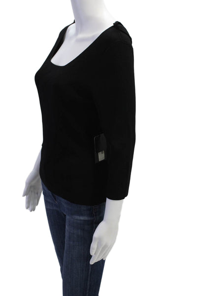 Cyrus Womens Double Scoop Fringe Neck 3/4 Sleeve Blouse Solid Black Size M
