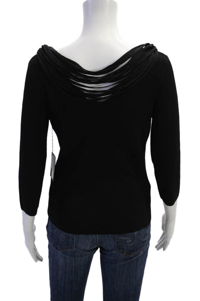 Cyrus Womens Double Scoop Fringe Neck 3/4 Sleeve Blouse Solid Black Size M