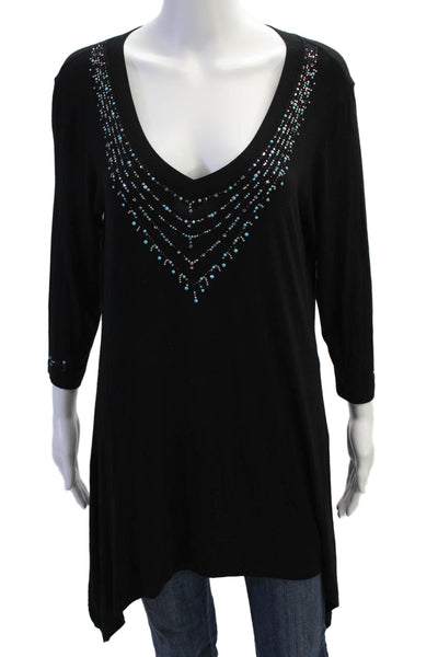 Christine Alexander Womens Rhinestoned Detail V-Neck 3/4 Sleeve Top Black Size L