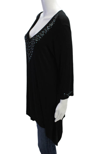 Christine Alexander Womens Rhinestoned Detail V-Neck 3/4 Sleeve Top Black Size L