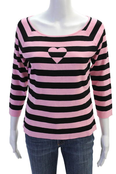 Cyrus Womens Boat Neck 3/4 Sleeve Heart Motif Striped Print Top Pink Size L