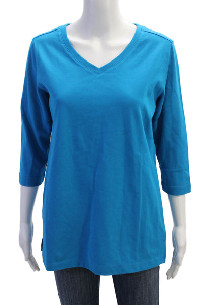 Christine Alexander Womens V-Neck Cotton 3/4 Sleeve Top Blue Size M