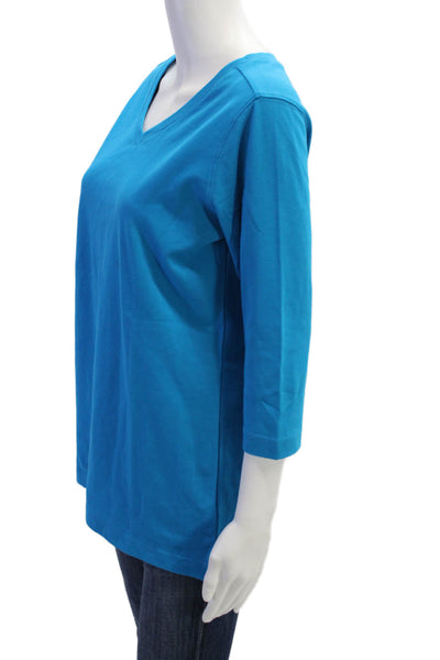 Christine Alexander Womens V-Neck Cotton 3/4 Sleeve Top Blue Size M