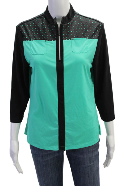 Jamie Sadock Womens Zippered Neckline Faux Leather Detail Top Green Size M