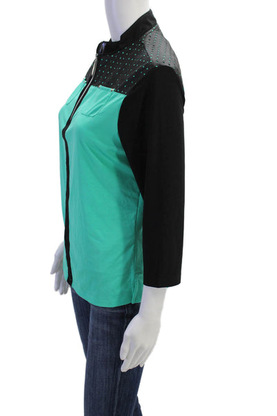Jamie Sadock Womens Zippered Neckline Faux Leather Detail Top Green Size M
