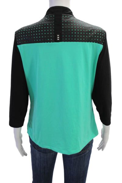 Jamie Sadock Womens Zippered Neckline Faux Leather Detail Top Green Size M