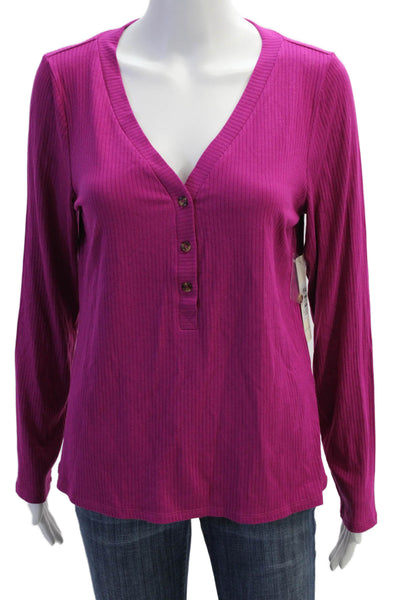 Cyrus Womens Long Sleeve Buttoned Detail V-Neck Top Pink Size L