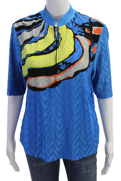 Jamie Sadock Womens Pleated Detail Abstract Print Blouse Blue Size L
