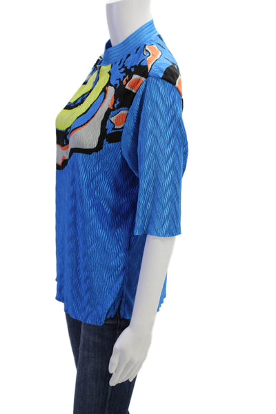 Jamie Sadock Womens Pleated Detail Abstract Print Blouse Blue Size L