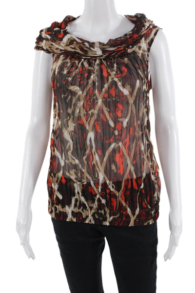 Escada Women Animal Print Cowl Neck Ruched Sleeveless Blouse Brown Size EUR 38